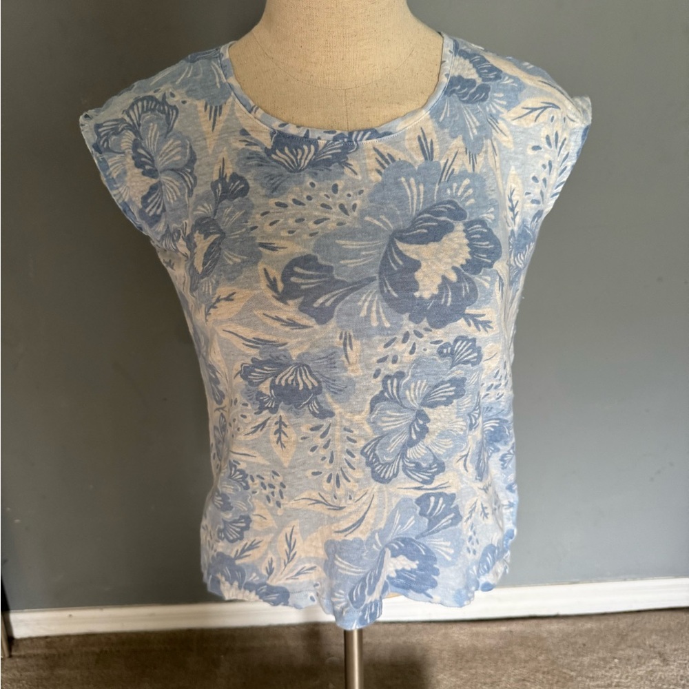 Sigrid Olsen Linen Blue and White Floral Blouse